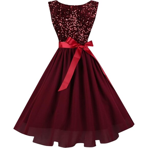 Dresses & Skirts - Women's Sequin Burgundy Boatneck Sleeveless Prom Dress with Detachable Belt